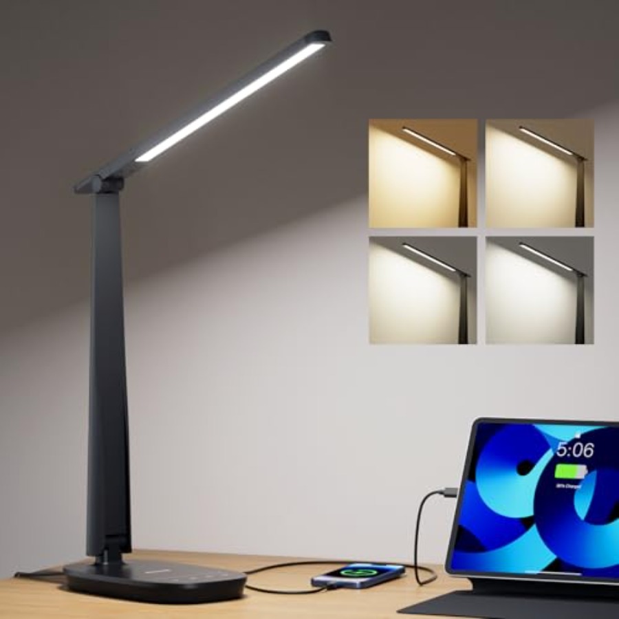 Home Office Lamp - ホームオフィス用LEDデスクランプ、目に優しい調光可能な読書灯、4色モード、タッチコントロール、USB-AおよびUSB-C充電ポート付き