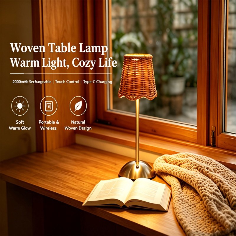 Home Office Lamp - ボヘミアンスタイルの編み込みラタンアートテーブルランプ、3段階調光、タッチコントロール、USB、金属製、寝室、リビングルーム、書斎、ダイニングルーム照明、家族や友人へのギフト