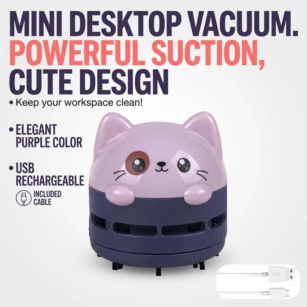 Home Office Hours - デスクトップ掃除機 ミニコードレス USB充電式 かわいい漫画猫 ポータブル デスクダストスイーパー