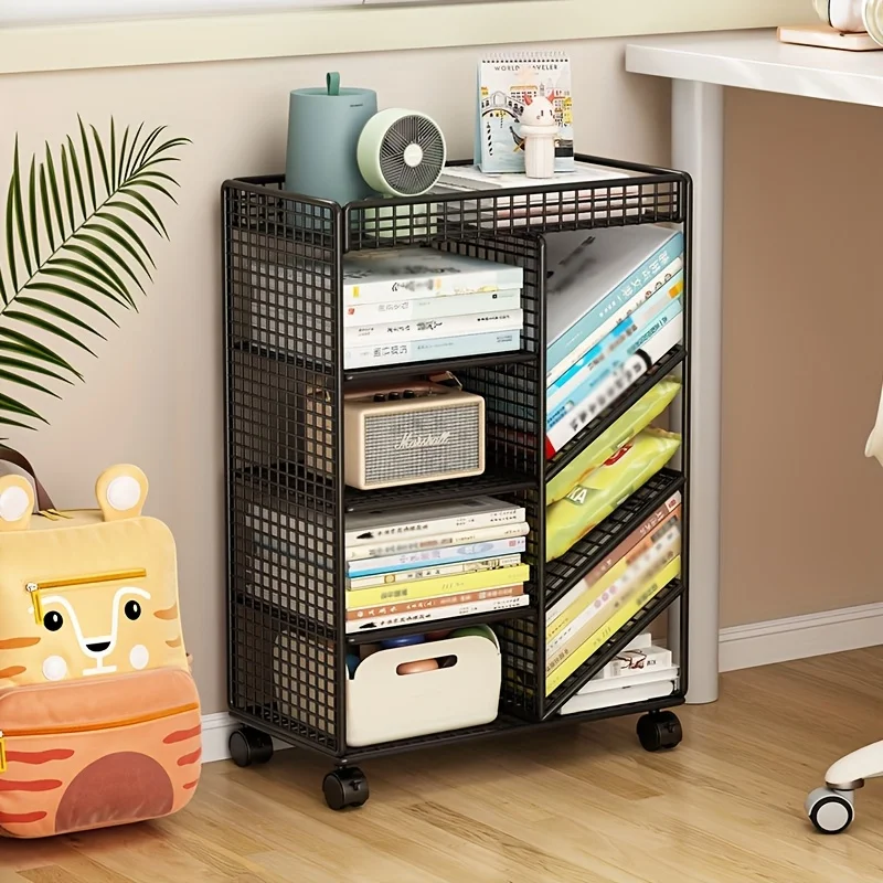 Home Office Shed - ローリングブックカート - 金属製モバイル本棚、デスクオーガナイザー＆コーナーディスプレイシェルフ、省スペースローリングカート（家庭、図書館用）
