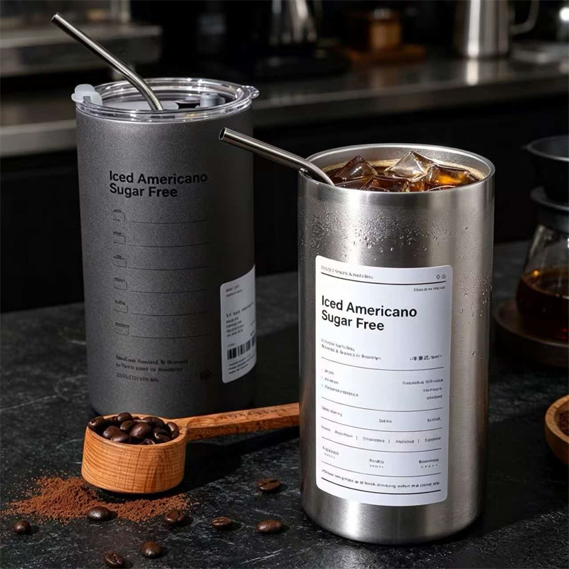 Home Office Hours - ステンレス製アイスコーヒータンブラー ストロー付き 600ml 保温保冷カップ アイスアメリカーノ ラベル