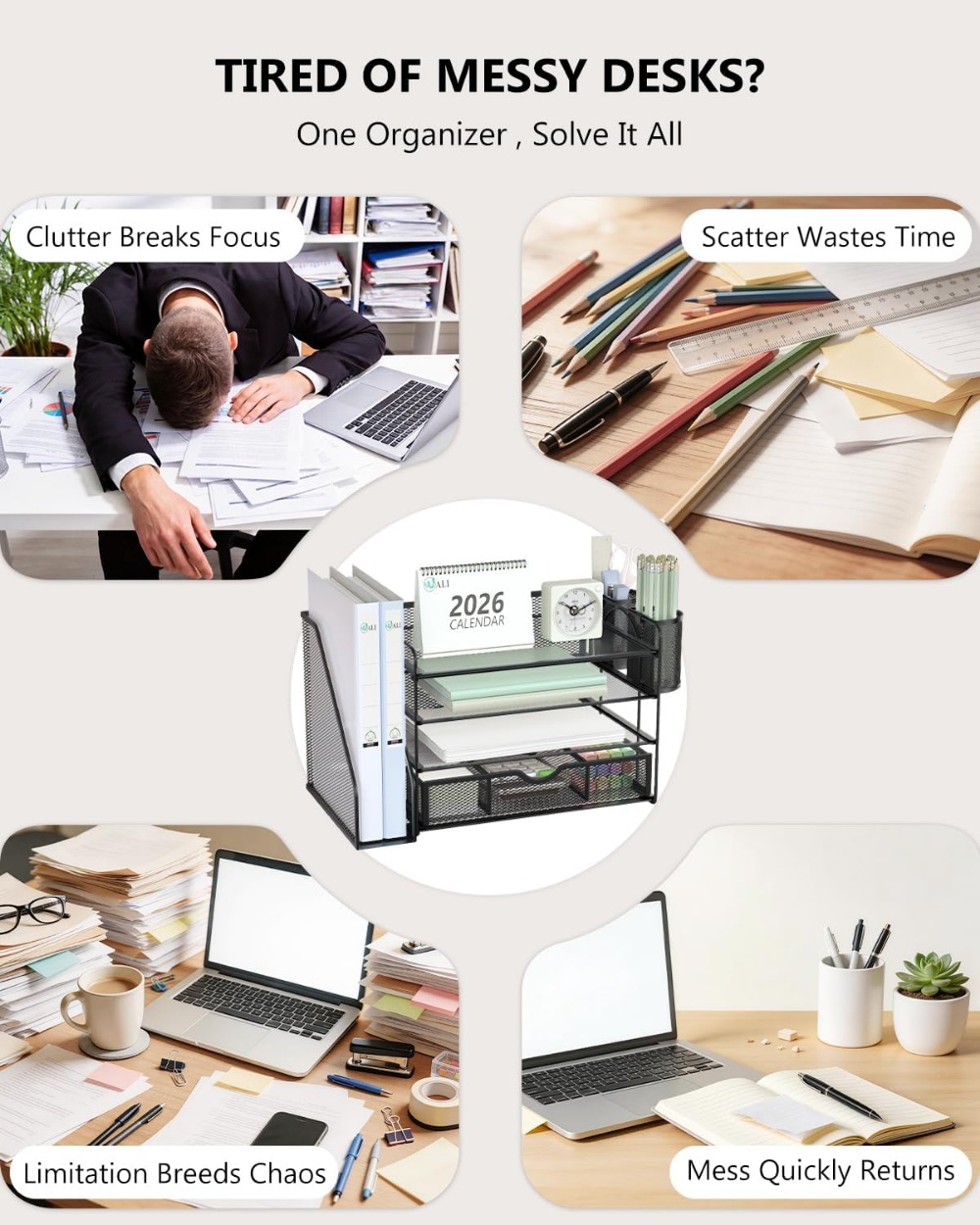 4段デスクトップファイルオーガナイザー、引き出しとペンホルダ - Home Office Image のレビューと価格