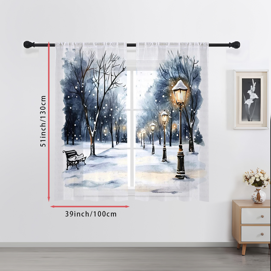 2枚組シアーカーテン 冬の雪景色 街灯 ベンチ 水彩プリント - Home Office Lamp のレビューと価格